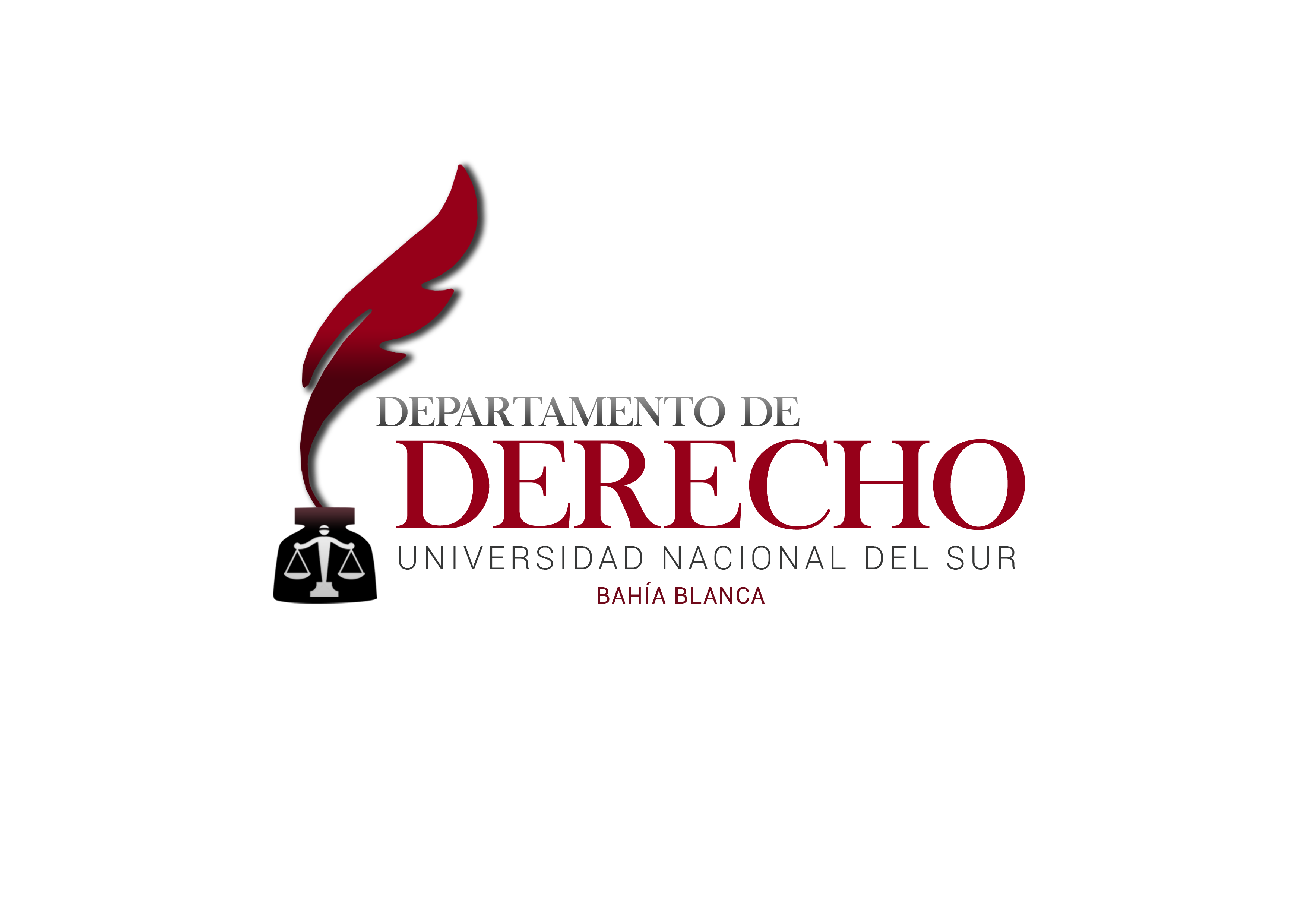 La imagen muestra un logo o diseño gráfico que combina elementos de texto y símbolos. El esquema de color principal incluye el negro, blanco y rojo. Los elementos visuales incluyen: A la izquierda hay una figura que parece ser la forma estilizada de una llama o una pluma, con detalles en negro y rojo. Abajo a la izquierda, se encuentran dos símbolos que parecen ser una balanza de la justicia y un birrete, ambos representativos de la ley y la educación respectivamente.